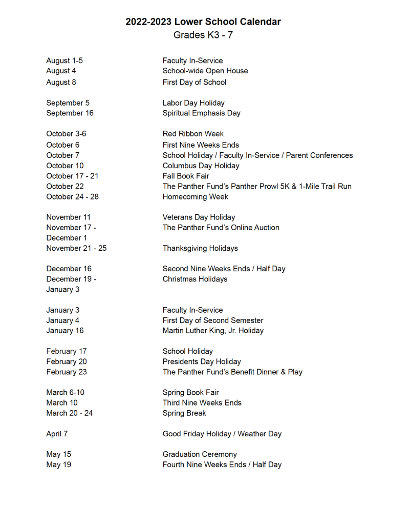 Calendars - Welcome To Prattville Christian Academy